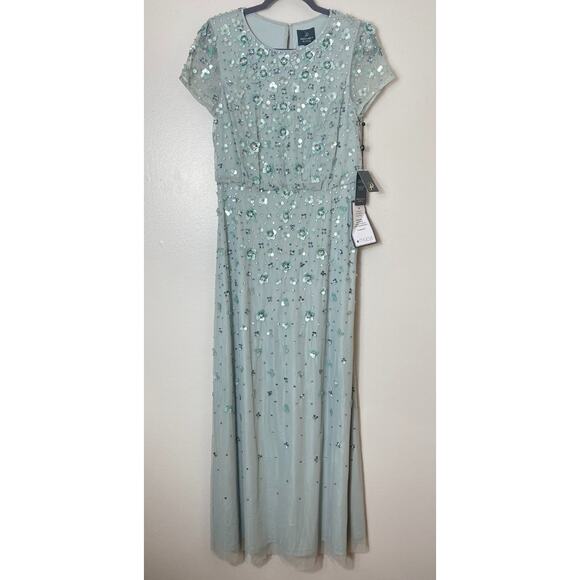 NWT ADRIANNA PAPELL DRESS BEADED FLORAL 3D FORMAL SEQUIN LONG MAXI EVENING GREEN - Picture 1 of 16
